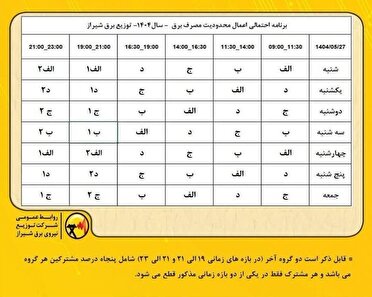 اعلام جدول جدید محدودیت‌های مصرف برق در شیراز